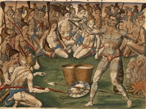 A tattooed Native American chief splashes water on his followers in preparation for war