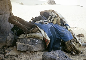 Taureg camel saddle, trappings, equipment, Sahara desert, near Djanet, Algeria, North Africa 1973, Africa