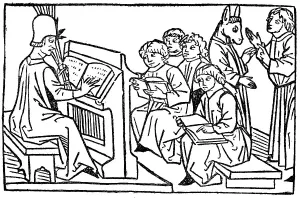 Teacher and pupil, In the background stands a student with an attached donkey head
