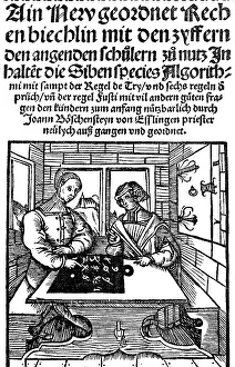 Teacher and pupils, title woodcut from Johann Boeschenstein book Rechenbuechlein