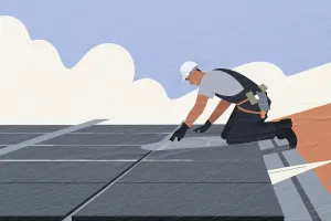 A technician is securely installing solar panels on a rooftop under a clear blue sky
