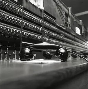 Telephony in the 1970s. Interior from an empty room with a large switchboard visible