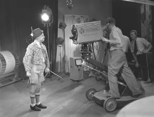 Television in the 1940s. Actor Max Hansen performing on televison 1948