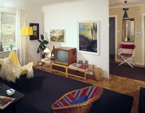 Television in the 1950s. Interior from a room with a typical 50s television set on a tv bench. On the left the Butterfly chair, also known as a BKF chair or Hardoy chair. ref CV7-5 Sweden 1958