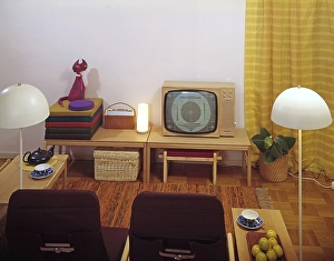 Television in the 1960s. Interior from a room with a typical 1960s television set on a special tv furniture