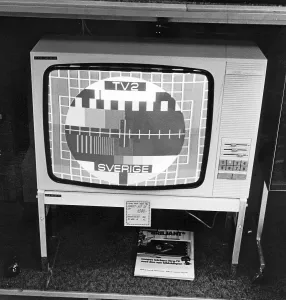 Television in the 1970s. Still a black and white image only on this tv set from 1975 for sale at 1095 SEK