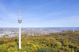 Television tower Stuttgart tower skyline aerial view city architecture travel text free space copyspace travel