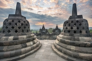 Category Buddhism Prints: Temple complex Borobudur at sunrise