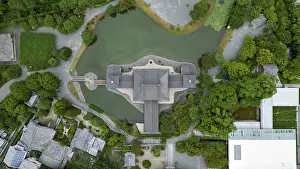 Temple complex in a Japanese village photographed with a drone