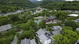 Temple complex in a Japanese village photographed with a drone