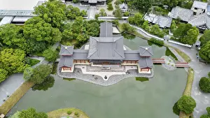 Temple complex in a Japanese village photographed with a drone