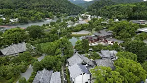 Temple complex in a Japanese village photographed with a drone