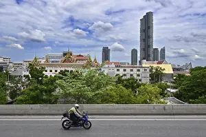 Temple complex and skyscrapers