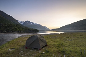 Category Scandinavia Prints: Tent by the lake Innerdalsvatna in the evening mood