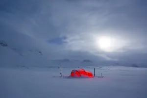 Category Scandinavia Prints: Tent by full moon in the snow, Kungsleden or king's trail