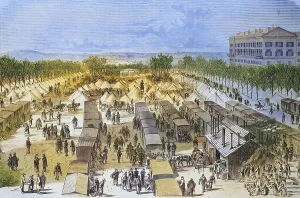 Tent and railway wagon hospital on the Esplanade in Metz