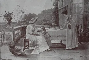 On the terrace, two women and a little girl