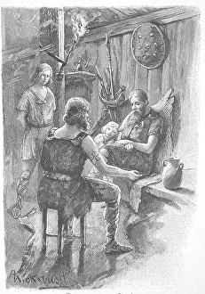 Teutons sitting by the light of a pinewood in a room