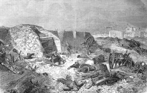 Theater of war with dead, abandoned French battery on the Mount Abron