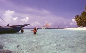 Threatened and disappearing islands and holiday paradise Maldives. The sandbags are a defence against erosion caused by global climate change