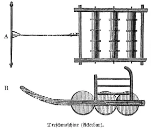 Threshing machine for agriculture with iron pieces on the rollers (A) or toothed