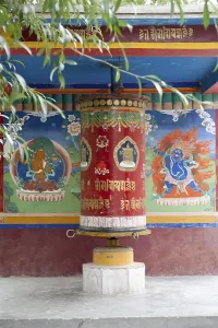 Tibetan Buddhism, large colorful prayer wheel