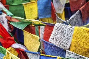 Tibetan Buddhism prayer flags (lungta) with Om Mani Padme Hum Buddhist mantra prayer