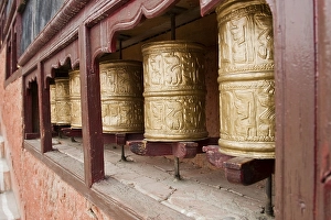 Tibetan Buddhist monastery with prayer wheels in the Himalayan region near Leh