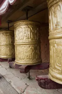 Tibetan Buddhist monastery with prayer wheels in the Himalayan region near Leh