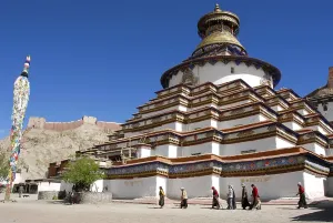Tibetan pilgrims at kora around Kumbum Pelkor Choede Monastery Gyantse Tibet China
