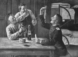 Tidbit, Man in uniform sitting at a table in a barracks room eating a whole herring
