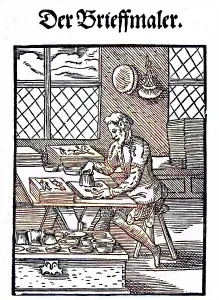 The title, Der Brieffmaler, the woodcut was created by Ammann