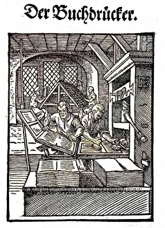 The title, Der Buchdrucker, the woodcut was created by Ammann