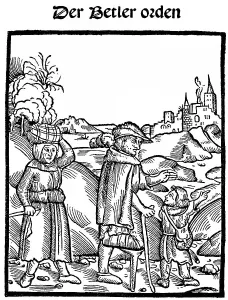Title woodcut, book from 1500, to warn of beggars