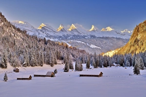 Toggenburg in winter, view of Churfirsten at sunrise