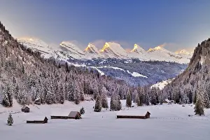 Toggenburg in winter, view of Churfirsten at sunrise