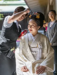 Tokyo Japan. Traditional wedding ceremony at Meiji Jingu Shinto shrine