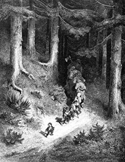 The Tom Thumb, boy and his six brothers in the dark forest