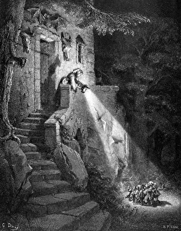 The Tom Thumb, night, house, woman shines light on the lonely children