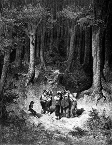 The Tom Thumb, seven little boys alone in the dark forest