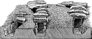 Tombs with covered passageways in the department of Morbihan, Brittany, passageway tomb with capstones, archaeology, history of prehistoric mankind, France, historical illustration 1880, Europe