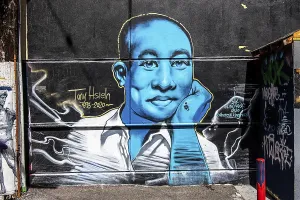Tony Hsieh portrait, mural, Downtown