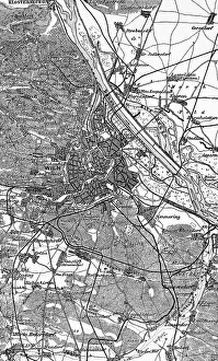 Topographic map of the Austrian capital Vienna and surroundings, mountains with hatching, railway, roads, suburbs, Danube and Old Danube, map, orientation, travel, Austria, historical illustration 1885, Europe