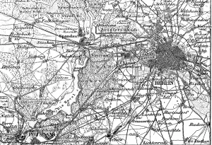 Topographic map of the capital Berlin and surroundings, Potsdam, Havel, Spandauer Forst, Jungfern Heide, Spandau, Tiergarten, Tempelhof, Charlottenburg, roads and railway lines, travel, Germany, historical illustration 1885, Europe