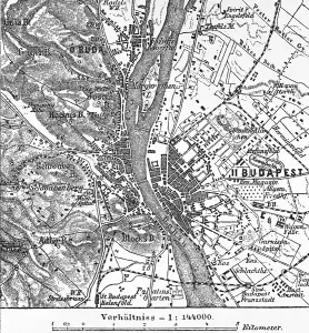 Topographic map and city map of the Hungarian capital Budapest, scale 1 to 144000, hatchings, railway, roads, mountains, geography, Hungary, historical illustration 1888, Europe