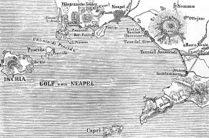 Topographic map of the Gulf of Naples with Vesuvius, islands of Capri and Ischia, geography, Italy, historical illustration 1888, Europe