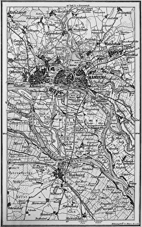 Topographic map of Hamburg and surroundings, Elbe marshes, various courses of the Elbe, Norderelbe, Suederelbe, Koehlbrand, Elbe island Wilhelmsburg, Alster, Altona, Harburg, map, roads, railway lines, travel, Germany, historical illustration 1885