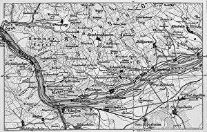 Topographic map of the Rheingau, viticulture, wine villages Ruedesheim, Oestrich, roads and railway lines, travel, Hesse and Rhineland-Palatinate, Germany, historical illustration 1885, Europe