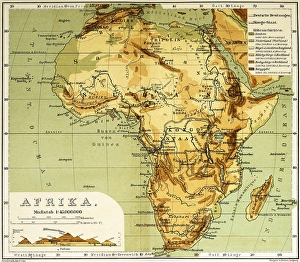 Topographical map of Africa in the 19th century with longitude and latitude, elevation profile east west through the continent, mountains, deserts, rivers, Nubia, Sudan, Congo, Cape Verde Islands, travelling, historical illustration 1886, Africa