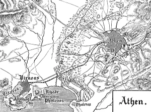 Topographical map of Athens with surroundings and the harbour town of Piraeus on the Saronic Gulf, railway, roads, heights with hatching, geography, Greece, historical illustration 1888, Europe